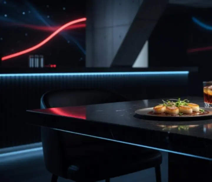 Gastro fogások és italok neon fényben terítve a Budaverában.