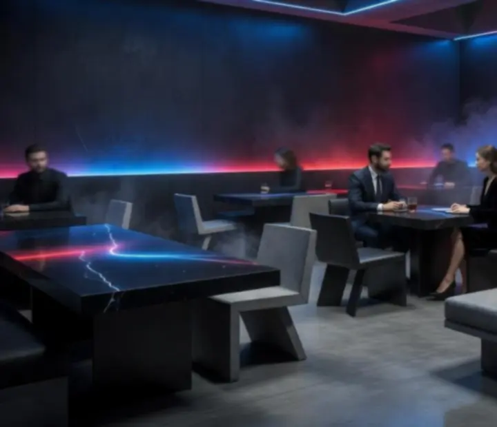 Sötét-lounge hangulatú Budavera étterem belső tér kozmikus fényekkel.