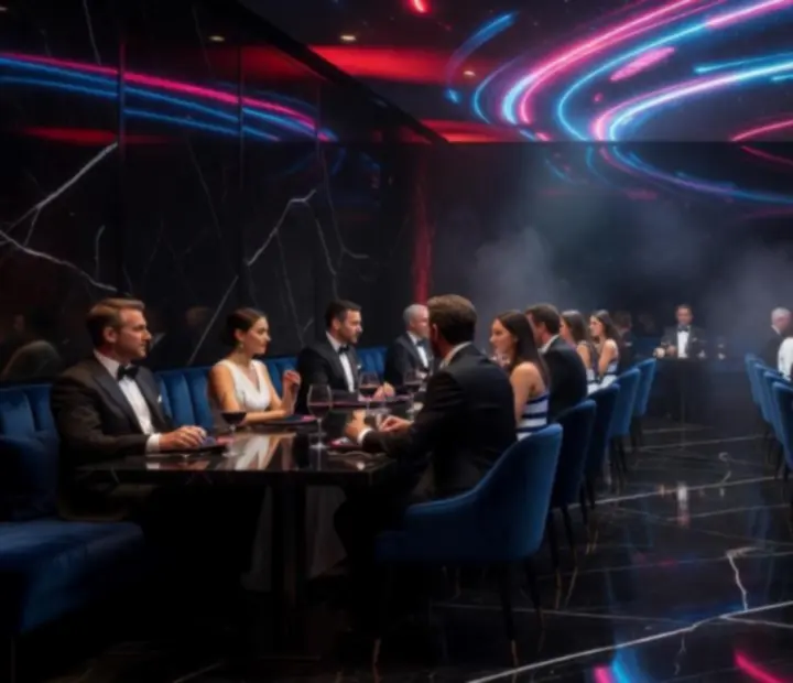 Cinematikus, sötét lounge belső Budaverában, vendégekkel egy hosszú estén