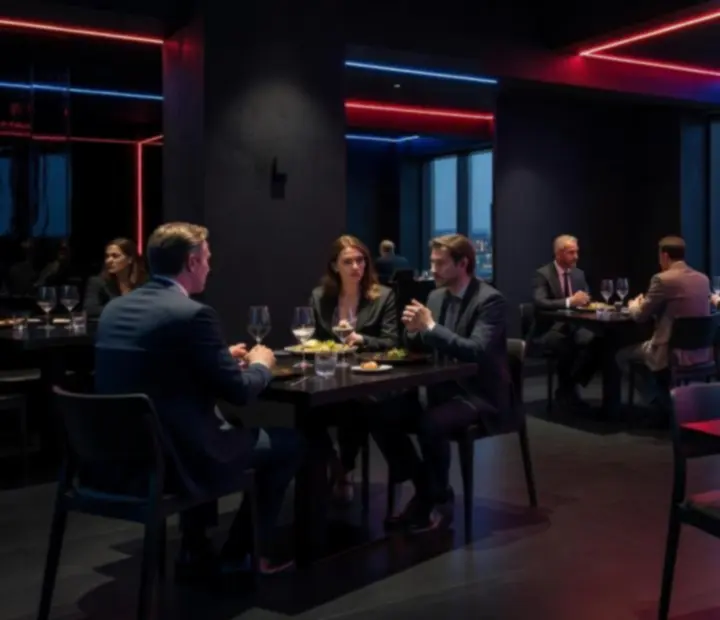 Modern, lounge-szerű Budavera enteriőr mélyfekete falakkal és neonfénnyel.