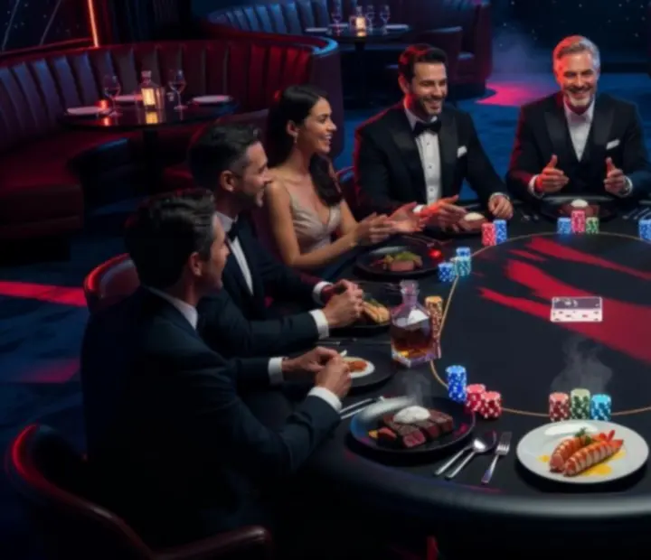 Fine dining fogások és offline pókerasztal cinematic vörös-kék fényben.