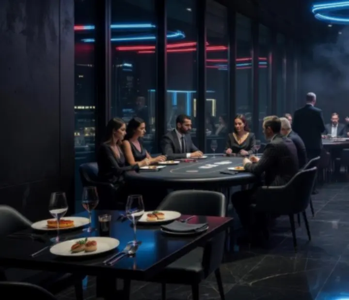 Füstös, modern Budavera lounge belső tér pókerasztalokkal