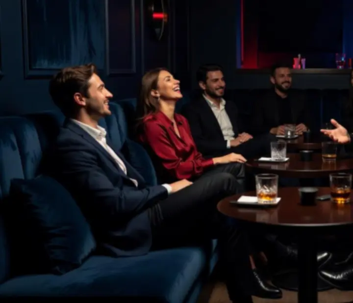 Sötét lounge enteriőr, ahol host és vendégek közösen élvezik a Budavera társasági hangulatát.