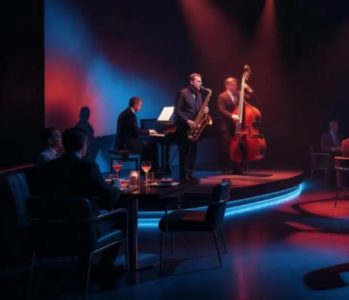 Lounge jazz night sötétkék fényekkel és live zenekarral a Budaverában.