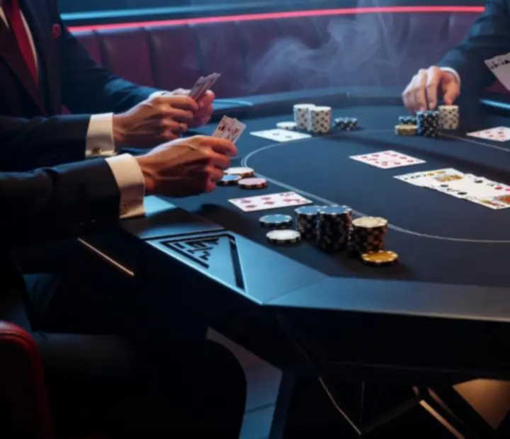 Közelkép egy offline pókerasztalról, elegáns chipekkel és kártyákkal a Budaverában