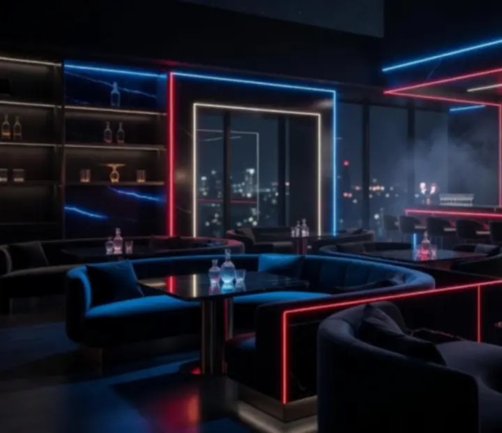 Budavera sötét, kozmikus fényekkel megvilágított éttermi lounge belső tér