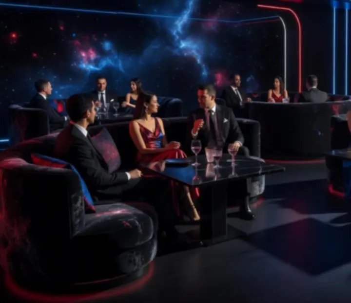 VIP lounge részleg a Budaverában, sötét lounge hangulat és neon fények.