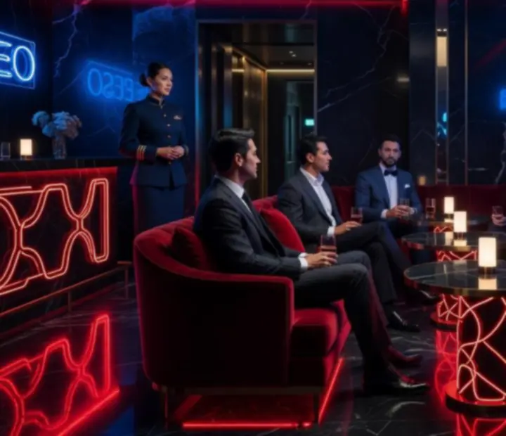 VIP lounge program félhomályos, vörös-kék fénnyel és elegáns asztalokkal a Budaverában